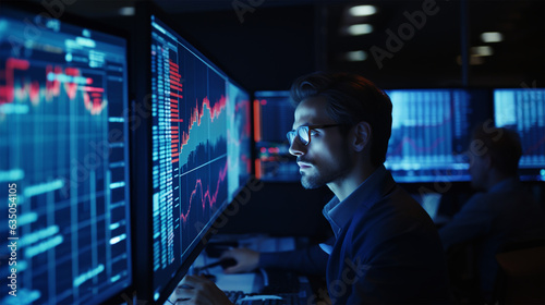 A young male financial analyst in glasses works with tradings data viewing the monitors in the office