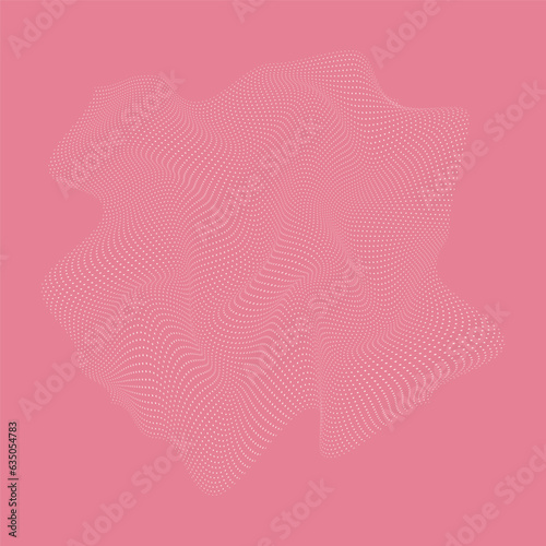 Halftone effect from dots, 3D grid surface. Wavy uneven surface. Minimalistic design. Abstract distorted background.