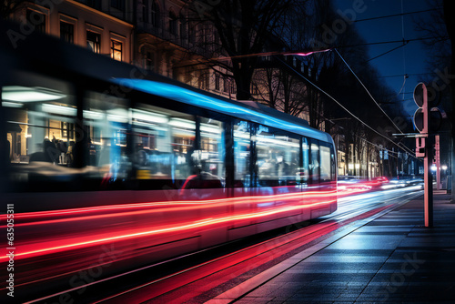 Tram at night in the street, European City, Germany, France, Poland, United Kingdom, Vienna, Munich
