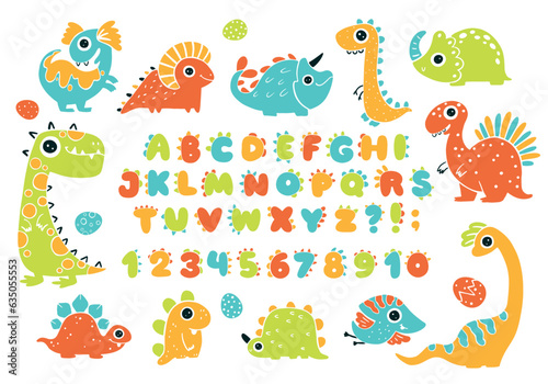 Dino collection with alphabet and numbers. Funny comic font in simple hand-drawn cartoon style. Various dinosaur characters. Colorful isolated doodles on a white background.