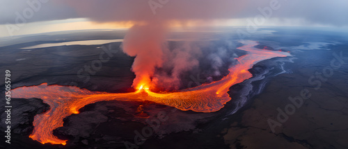 Aerial View of Lava Flow Volcanic Eruption at Twilight Background