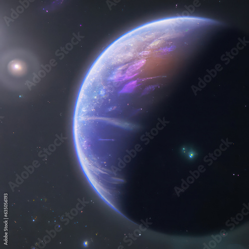 AI generated image of distant galaxy filled with tiny colorful stars, a blue, Earth-like planet in the foreground.