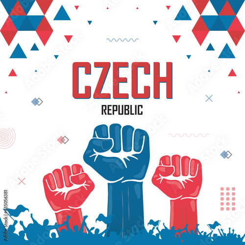 Czech Republic nation flag color combination patriot banner, geometric abstract background design, raised fist, human hand, cheering people, victory celebration, strike, parade, riot, protest or rally