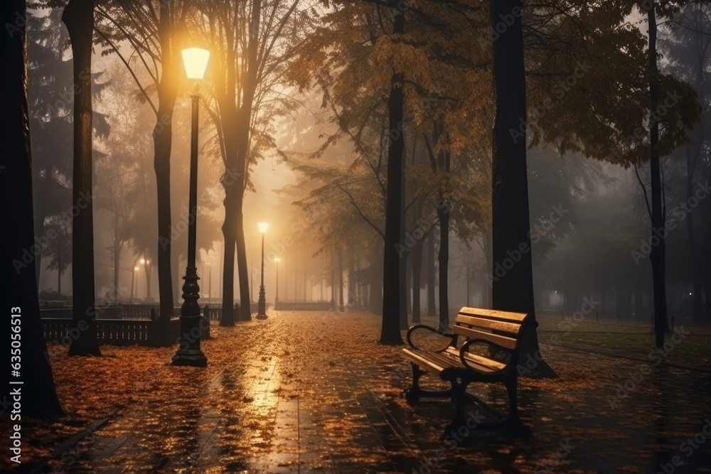 Fototapeta premium Night alley in autumn city park with benches and light lanterns, wet after rain