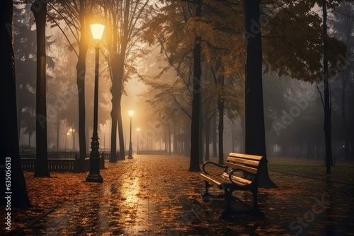 Night alley in autumn city park with benches and light lanterns  wet after rain