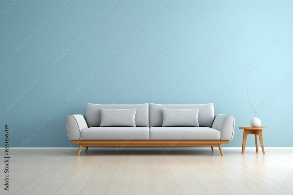 canapé gris dans une pièce vide avec un mur bleu, arrière plan décoratif, illustration ia générative - obrazy, fototapety, plakaty 