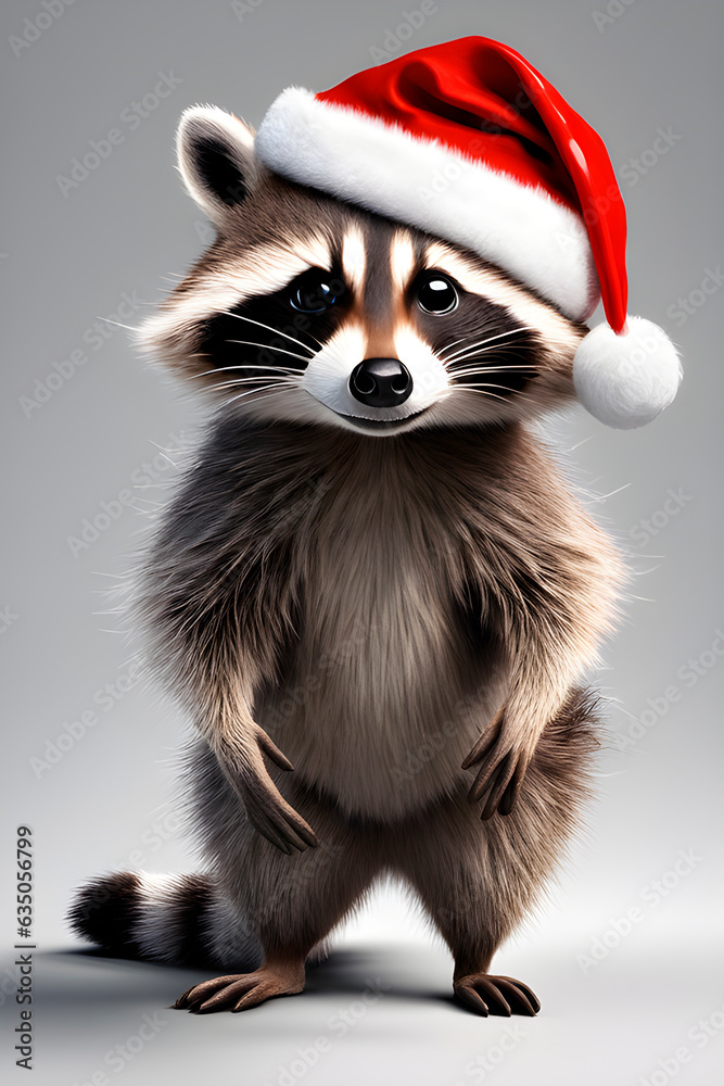raccoon in santa hat on gray background raccoon in santa hat on gray background