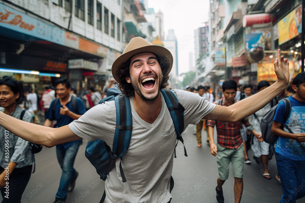 Energetic Tourist Exploring Vibrant Streets of Bangkok. Generative Ai. Energetic Tourist Exploring Vibrant Streets of Bangkok. Generative Ai.