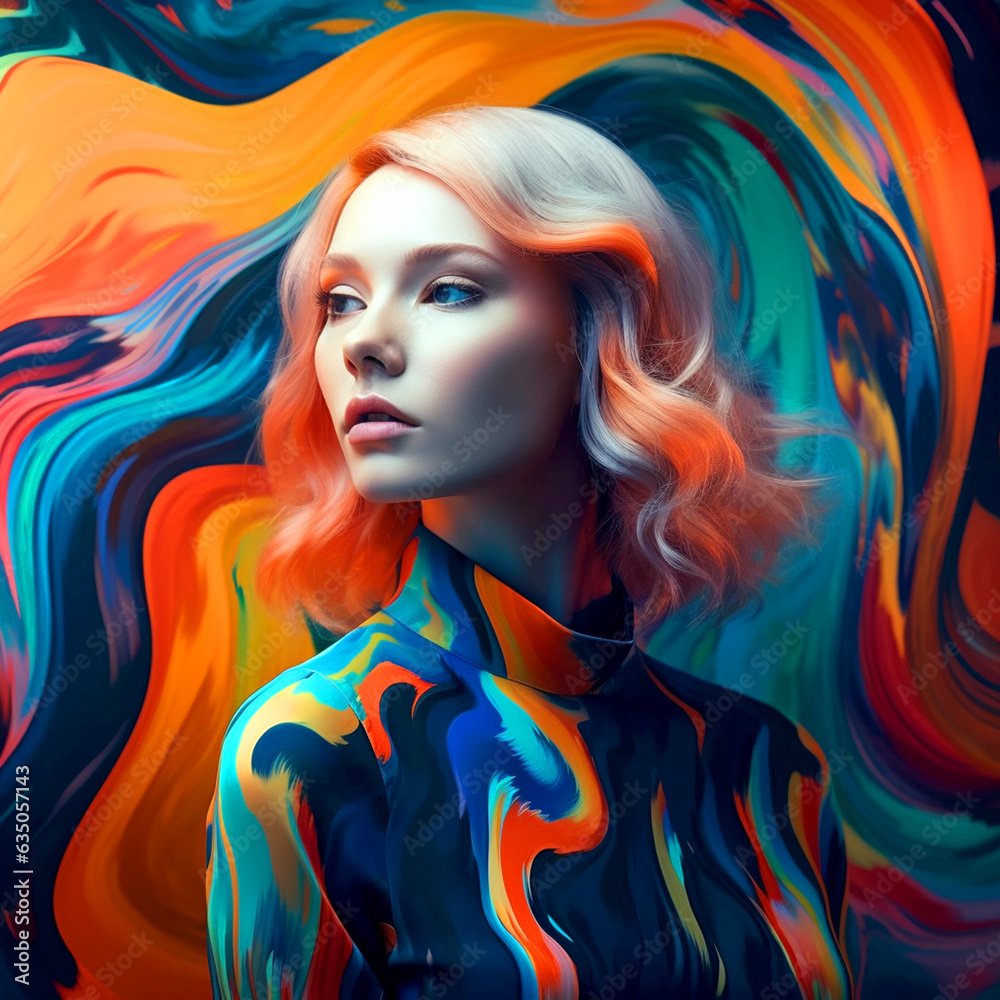 A beautiful girl in abstract clothes posing for the camera in a abstract background