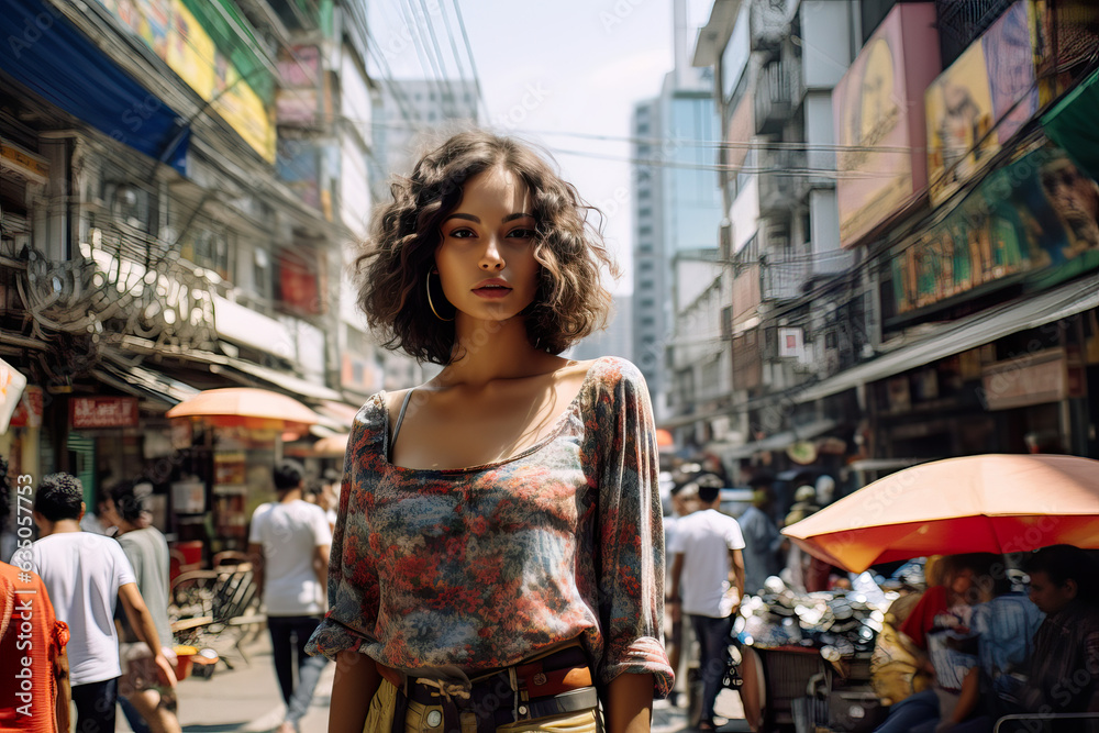 Fototapeta premium Curious Tourist Exploring Vibrant Streets of Bangkok. Generative Ai.