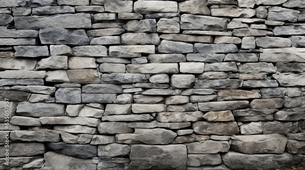 Grey Stone Wall Texture. Background of Panoramic Build with Mosaic Granite and Gray Marble Rock. Generative AI