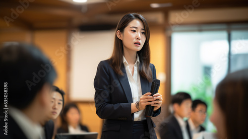 Businesswoman giving a presentation in a business in office, Generative AI