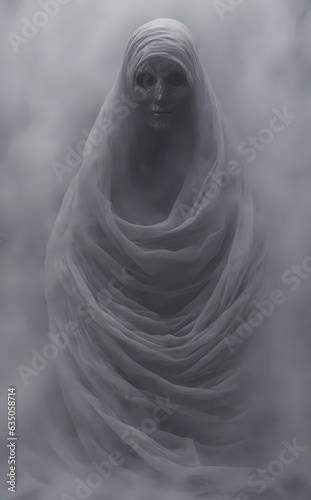 A ghost wearing a white dress on a foggy day, abstract forms in motion, black and grey, ethereal abstractions, flowing fabrics. Generative AI