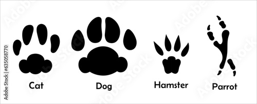 Different pets paws prints silhouette set. Cat dog parrot and hamster footprint vector illustration.