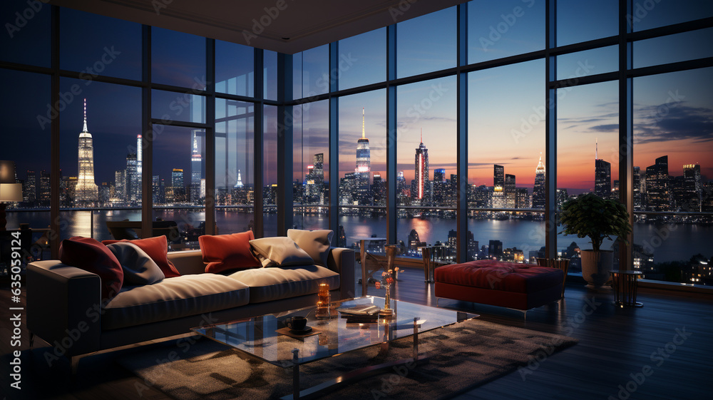 Modern Living room night city view out of glass windows Modern Living room night city view out of glass windows