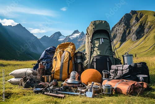 With the blue sky and majestic natural mountains in the background, the outdoor concept is suitable for holidays and sports, with accessories, equipment, and camping equipment necessary for summer hik