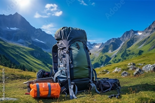 With the blue sky and majestic natural mountains in the background, the outdoor concept is suitable for holidays and sports, with accessories, equipment, and camping equipment necessary for summer hik