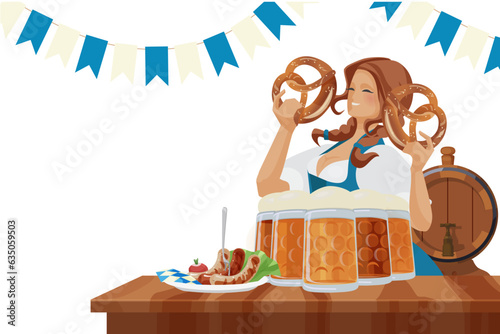  cheerful smiling brunette Bartender with pretzels in hands behind bar top with German beer steins and plate of a wurst © JeraRS