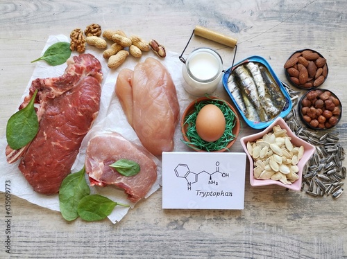 Tryptophan rich foods with structural chemical formula of essential amino acid tryptophan. Natural food sources of tryptophan include high protein foods like eggs, dairy products, meat, nuts, seeds.