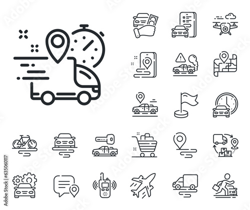 Courier truck location sign. Plane, supply chain and place location outline icons. Express delivery line icon. Order delivery symbol. Express delivery line sign. Vector