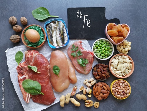 Fotografie Food rich in iron with symbol Fe and atomic number 26