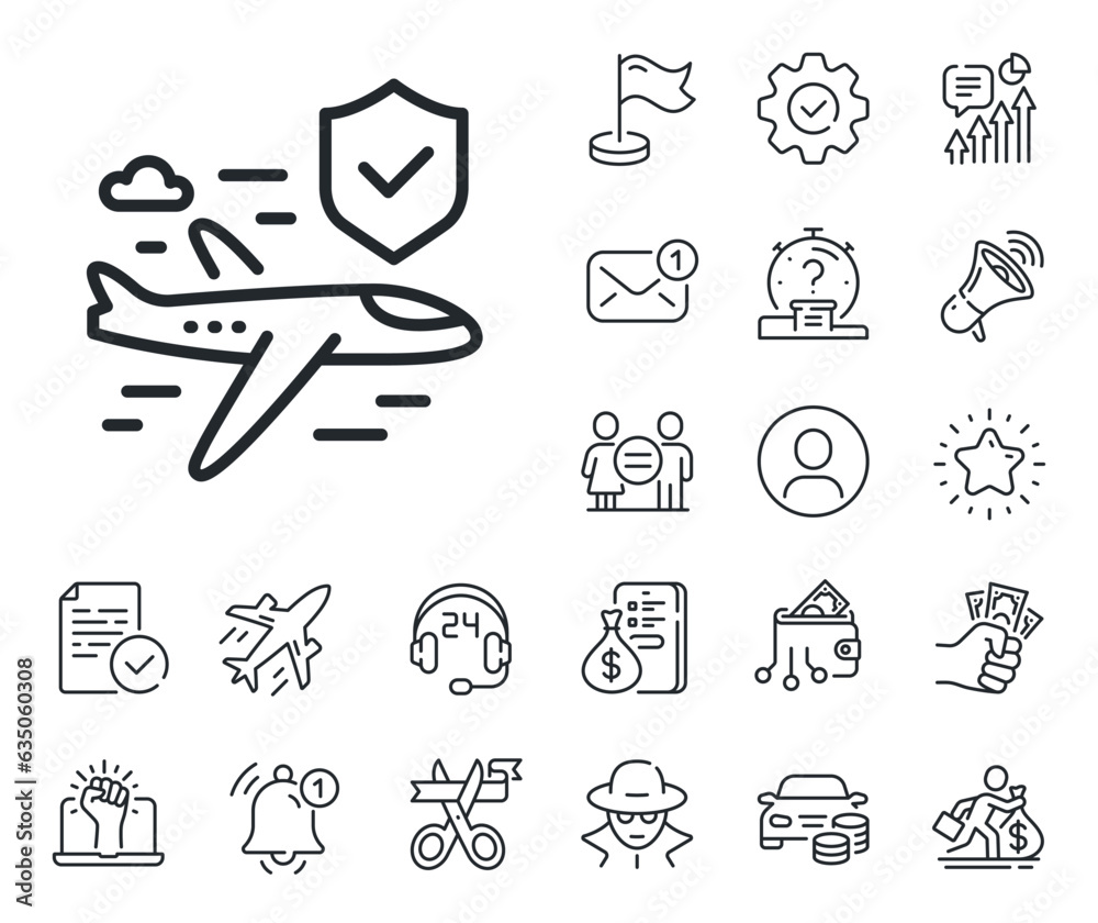 Risk coverage sign. Salaryman, gender equality and alert bell outline icons. Flight insurance hand line icon. Travel protection symbol. Flight insurance line sign. Vector