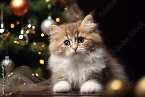 cute cat near Christmas tree, AI Generated