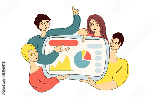 Web project presentation concept. Business team, developers present digital online product. Flat graphic vector illustration isolated on white background