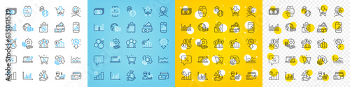Vector icons set of Wallet, Shopping and Graph chart line icons pack for web with Currency rate, Sales diagram, Budget outline icon. Business growth, Change money, Discount pictogram. Vector