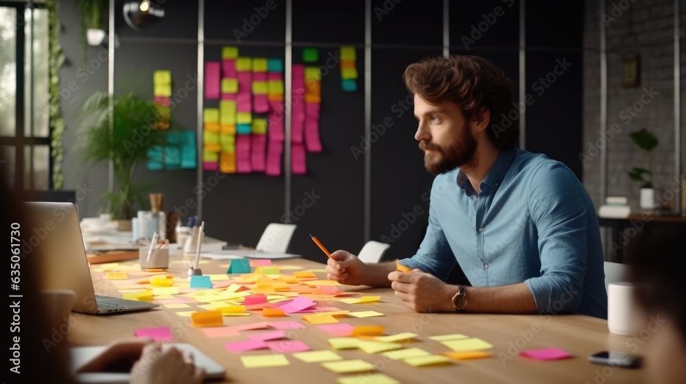 creative caucasian man in casual wear present to team discussing with colorful note paper on wood table, planning to success concept, Generative AI