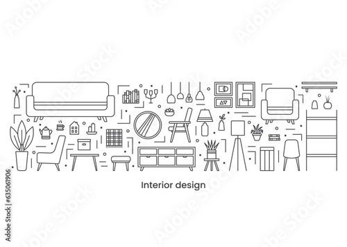Set icons, interior design concept. Banner. Template. Vector line illustration on white background