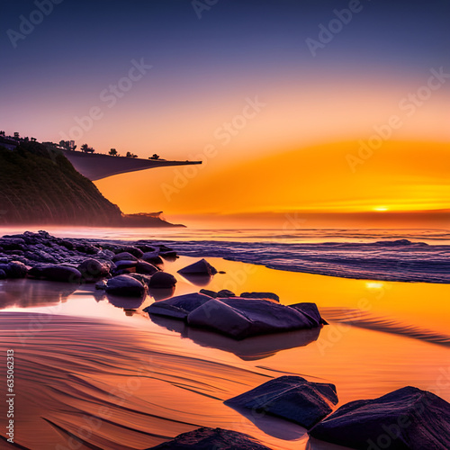 Amazing beach sunset with endless horizon and incredible foamy waves over wet sand. Digital illustration. Amazing CG Artwork Background