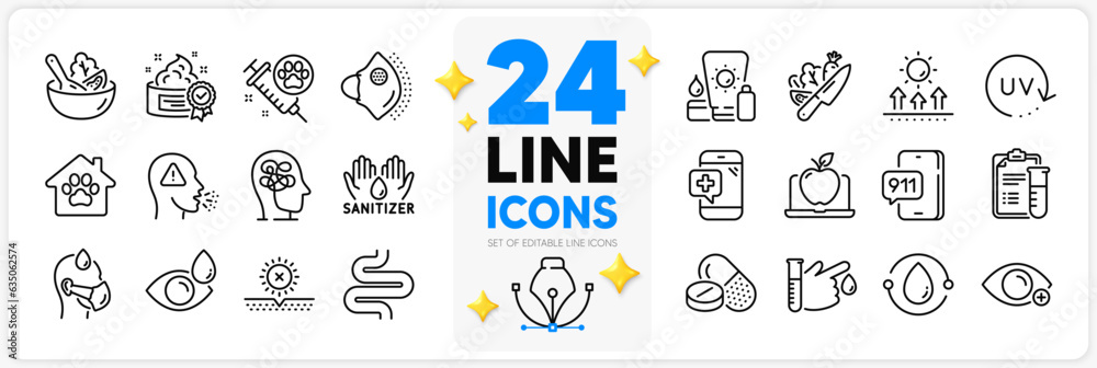 Icons set of Farsightedness, Cough and Eye drops line icons pack for app with Medical drugs, Medical mask, Sick man thin outline icon. Intestine, Stress, Laptop pictogram. Uv protection. Vector