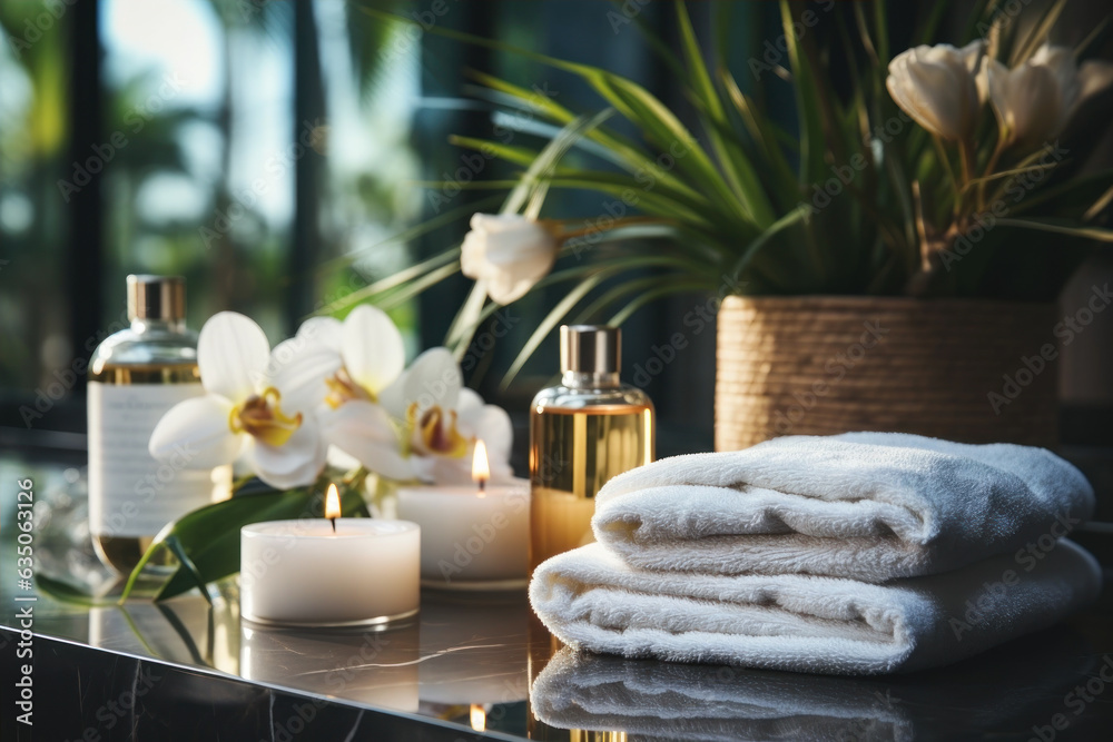 Bathroom spa toiletries and flowers. Aromatic wellness, relaxation, and eco friendly luxury for personal care, creating a tranquil home retreat and renewed well being experience.