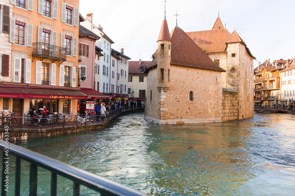 Annecy. FRANCE. View of the river Thiou flowing through the city of Annecy
