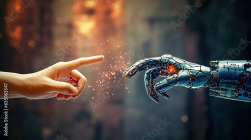 AI creation, human touching the index finger of a robot, generative ai © FrankBoston