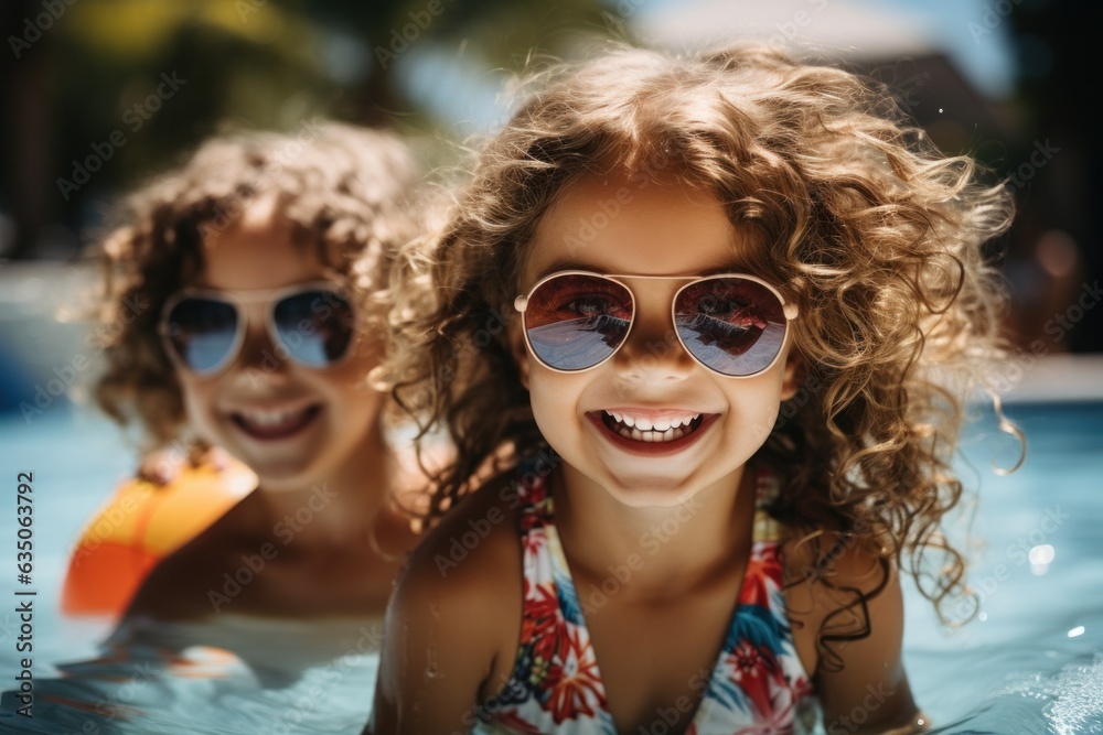 Smiling girls during summer on vacation playing with inflatable ball in pool. Portrait of little girls on inflatable toy with sunglasses and fancy swimsuits.