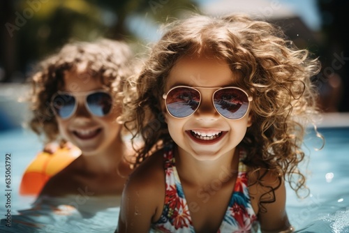 Smiling girls during summer on vacation playing with inflatable ball in pool. Portrait of little girls on inflatable toy with sunglasses and fancy swimsuits.