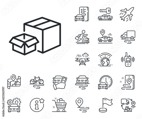 Delivery parcel sign. Plane, supply chain and place location outline icons. Packing boxes line icon. Cargo box symbol. Packing boxes line sign. Taxi transport, rent a bike icon. Travel map. Vector