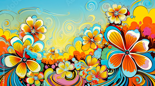 Colorful 70s Retro Style poster art with flowers, and psychedelic wavy shapes, colors in orange, pale blue, yellow and greens. Background texture or wall art.