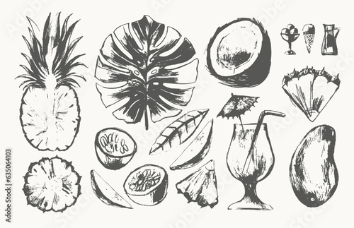 Hand drawn summer smoothie recipe illustration, glass and ingredients poster