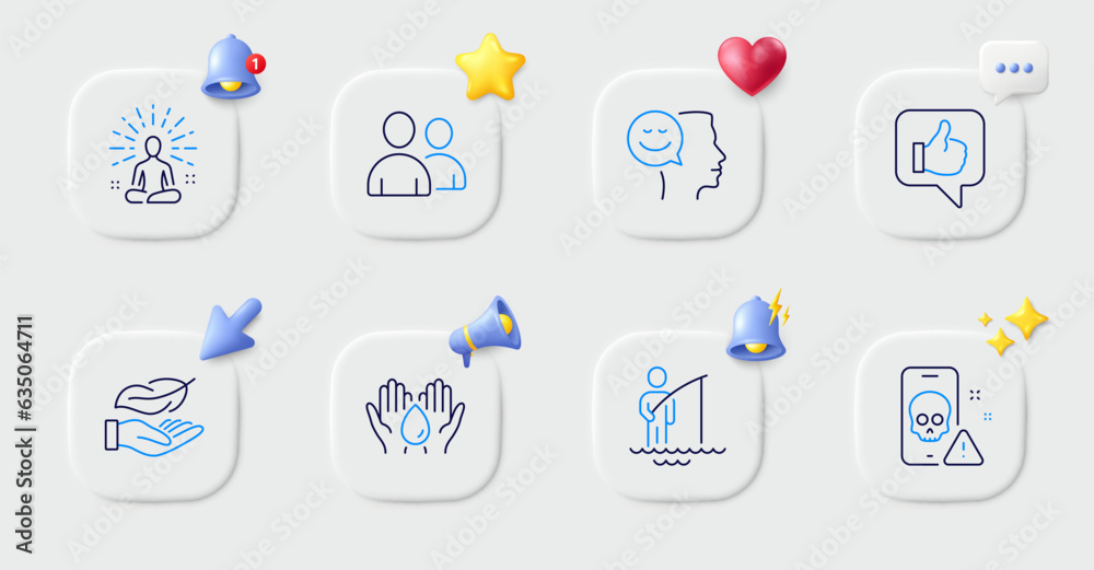 Users, Fisherman and Like line icons. Buttons with 3d bell, chat speech, cursor. Pack of Lightweight, Yoga, Good mood icon. Safe water, Cyber attack pictogram. For web app, printing. Vector Users, Fisherman and Like line icons. Buttons with 3d bell, chat speech, cursor. Pack of Lightweight, Yoga, Good mood icon. Safe water, Cyber attack pictogram. For web app, printing. Vector