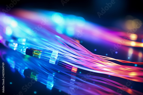 data flowing through fiber optics cables, digital neon background