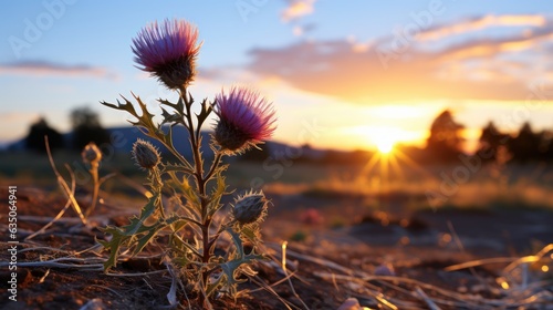 Thistle bloom in the field during sunset, in the style of light maroon and azure, site - specific work, uhd image, kimoicore, bugcore, active brushwork, observational photography  photo