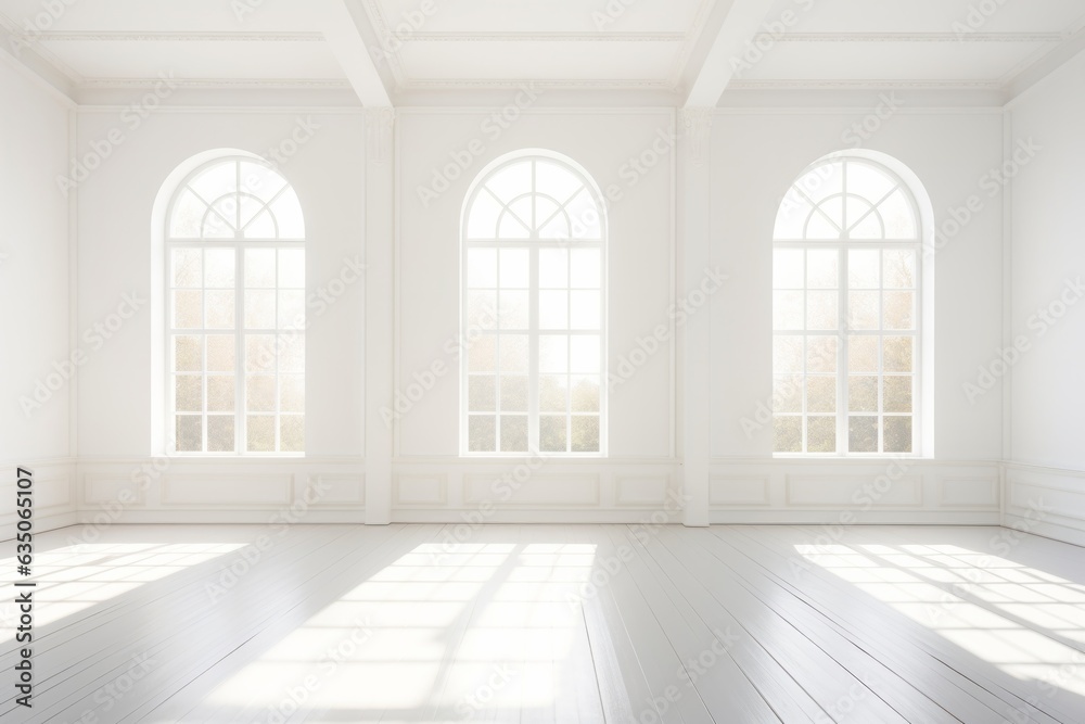 Minimalist white empty room with natural light shining through big contemporary modern windows