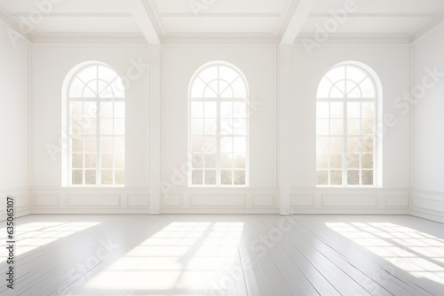 Minimalist white empty room with natural light shining through big contemporary modern windows © James Ellis