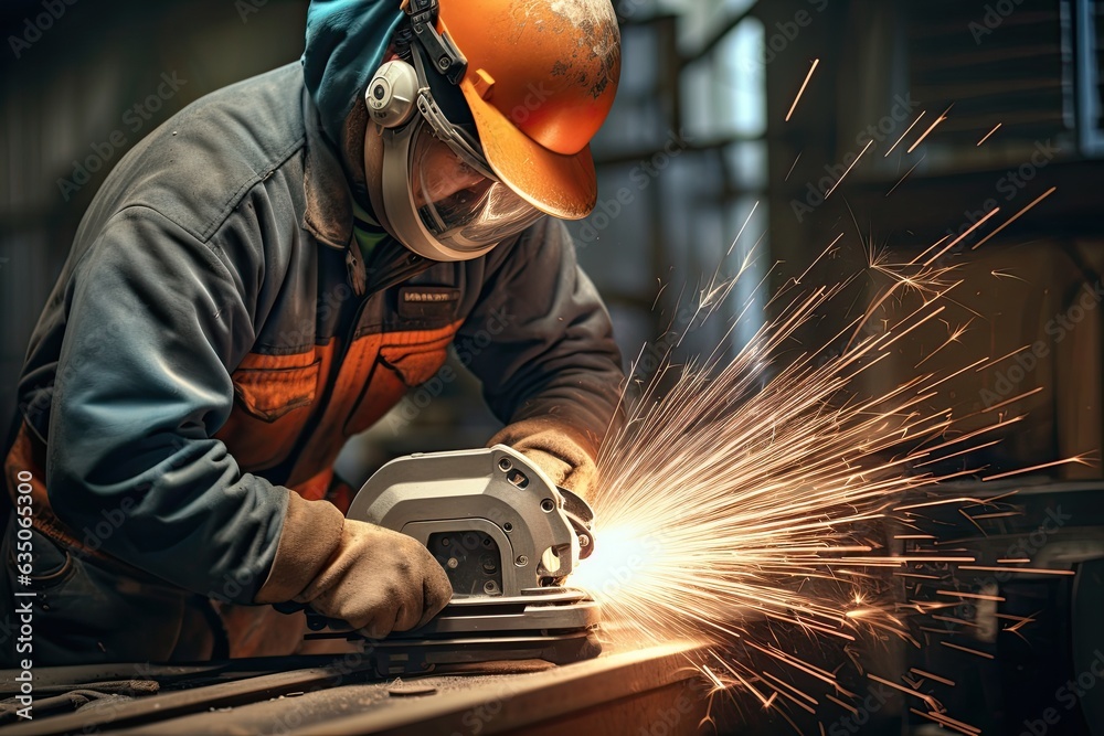 male worker using grinder to cut and shape a piece of metal male worker using grinder to cut and shape a piece of metal