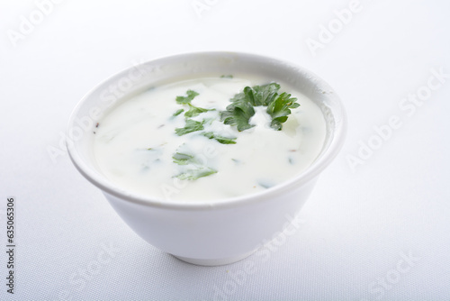 Indian mint yogurt and spicy chilli sauce on white background vegan appetiser dim sum snack Halal food restaurant cuisine menu for cafe