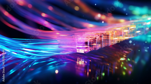 data flowing through fiber optics cables  digital neon background