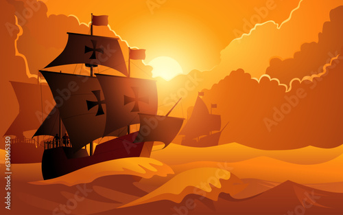 Columbus ship, La Santa Maria, sailing gracefully across the vast ocean. It symbolizes historical exploration and the spirit of curiosity, representation of the brave journey to discover new horizons